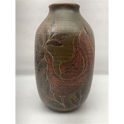 John Egerton (c1945-): studio pottery stoneware vase decorated with red birds in foliage, upon a brown ground, H34cm