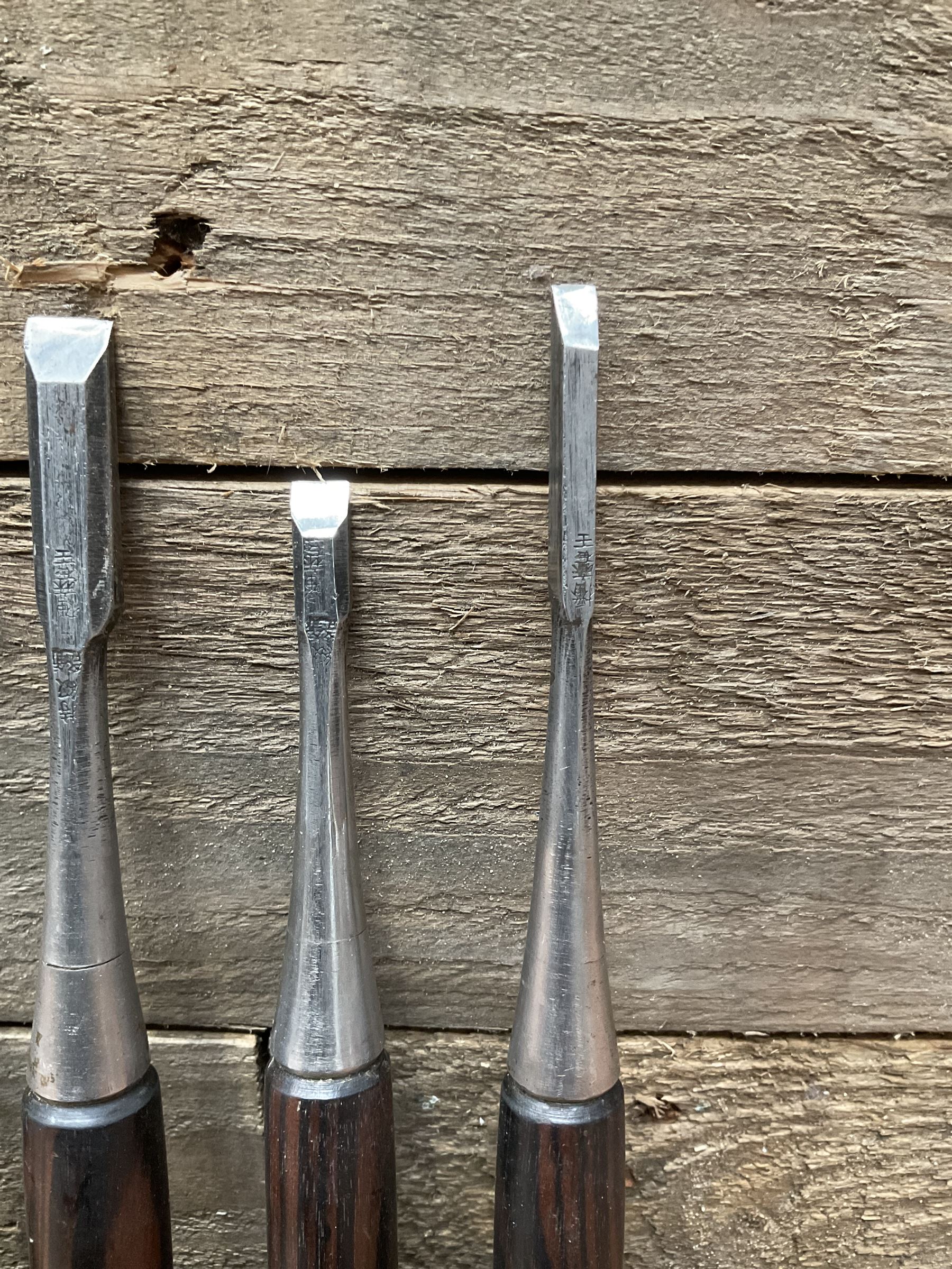 Set of eight Japanese handmade carpenters chisels with rosewood handles, stamped blades - THIS LOT IS TO BE COLLECTED BY APPOINTMENT FROM DUGGLEBY STORAGE, GREAT HILL, EASTFIELD, SCARBOROUGH, YO11 3TX