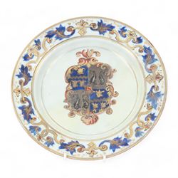 Early 18th century Chinese Imari armorial plate, circa 1720, painted with central arms of Fellowes quartering Coulson, surrounded by a European leaf scroll to the rim and heightened with gilt throughout, D22cm

Cf. Comparable pair of plates:
Lot 253, Benjamin F. Edwards III collection of Chinese Export, Christie's, 20th January 2004

Footnote: Sir John Fellowes was born in 1670, and was director and sub Governor of the South Sea Company. He became a baronet in 1719 and resided at Carshalton in Surrey. It is believed that this service would have been ordered in around 1719 or 1720

