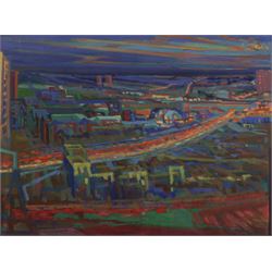 Mary Ann Lord (Yorkshire 1931-): 'Winter Evening in Leeds from Hammonds Suddards - December Sunset Leeds City', oil on paper signed, titled and dated 1995 on label verso 55cm x 75cm