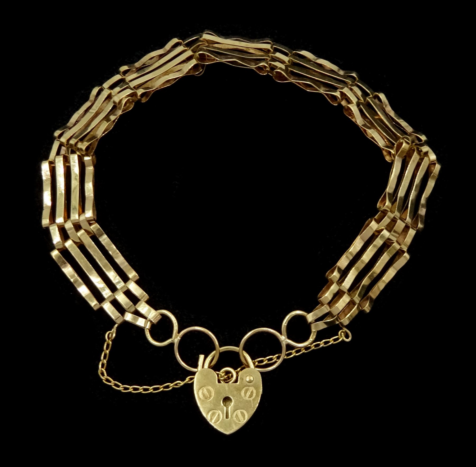 9ct gold four bar gate bracelet, with heart locket clasp, hallmarked