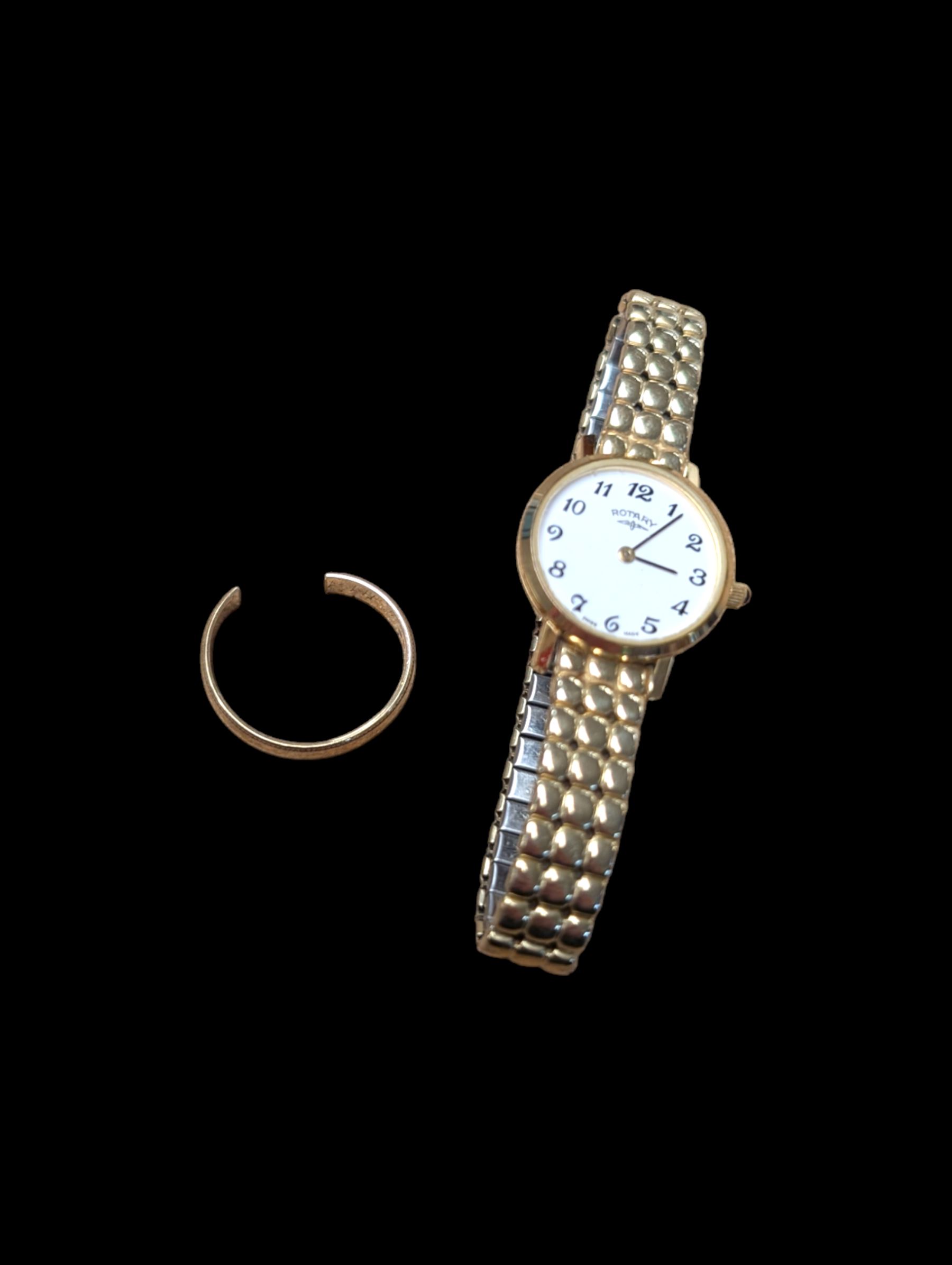 9ct gold split wedding band, hallmarked and a Rotary 5025 ladies wristwatch