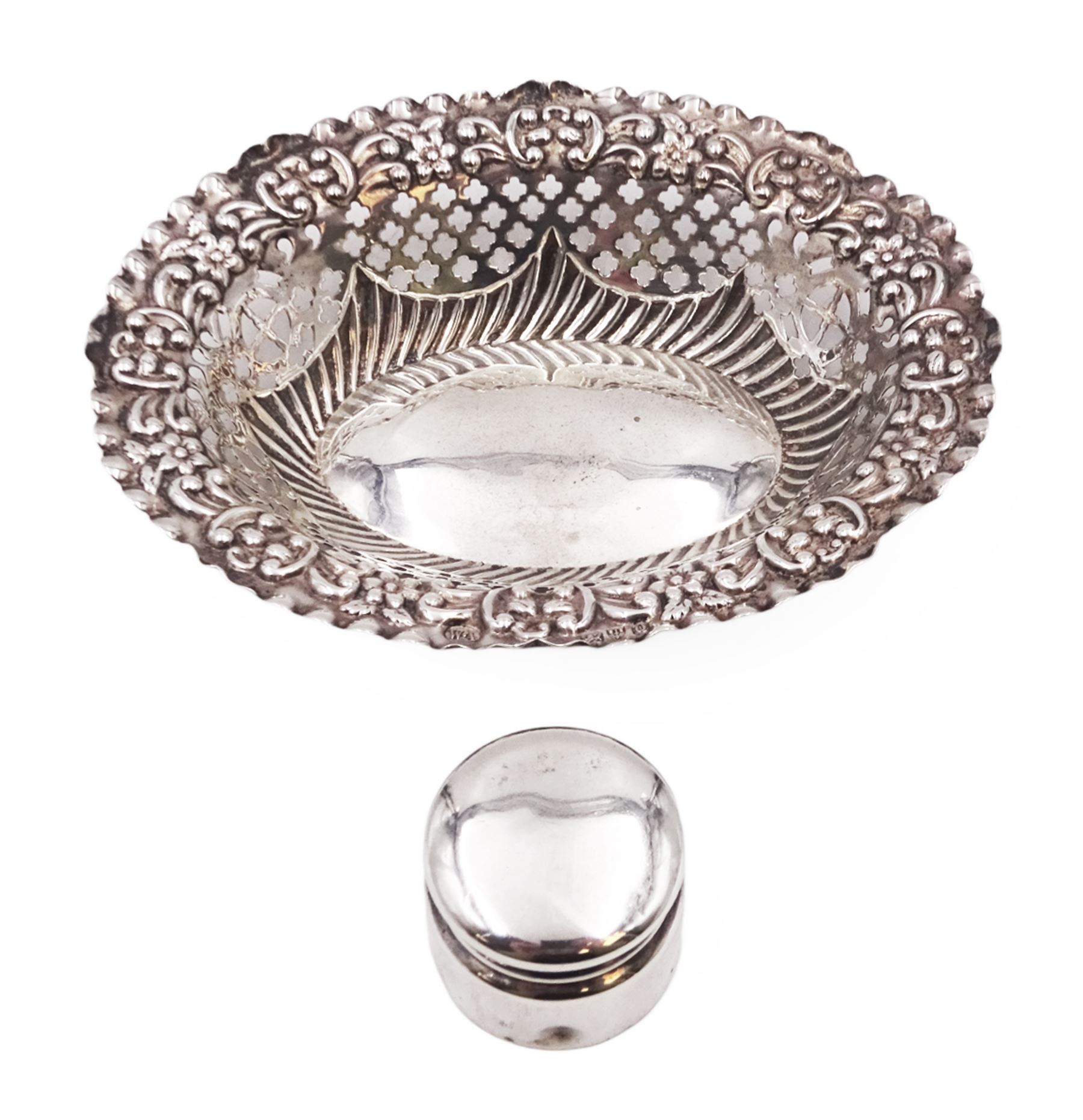 Small Victorian silver box, with rounded cover, hallmarked M Bros, Birmingham 1898, together with a Victorian silver pierced dish, hallmarked William Aitken, Chester 1899, dish W13cm