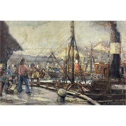 William J Mann (Scarborough mid 20th century): Steam Trawlers by the Fish Quay Scarborough, watercolour signed and dated '49, with a study of shipping verso 30cm x 45cm
Notes: Mann was a member of the Fylingdales Group of Artists and lived in Newby, Scarborough.