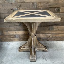 4 x Rustic square restaurant bistro table, parquetry top, X shaped base