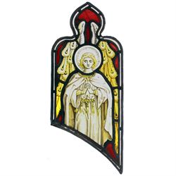 Pair of late 19th/early 20th century leaded stained glass panels, each depicting an angel or saint with hands clasped in prayer in red upon yellow ground, H54cm W23.5cm