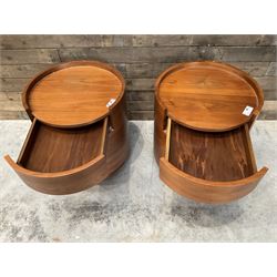 Pair of walnut circular barrel shaped lamp tables, fitted with single drawer