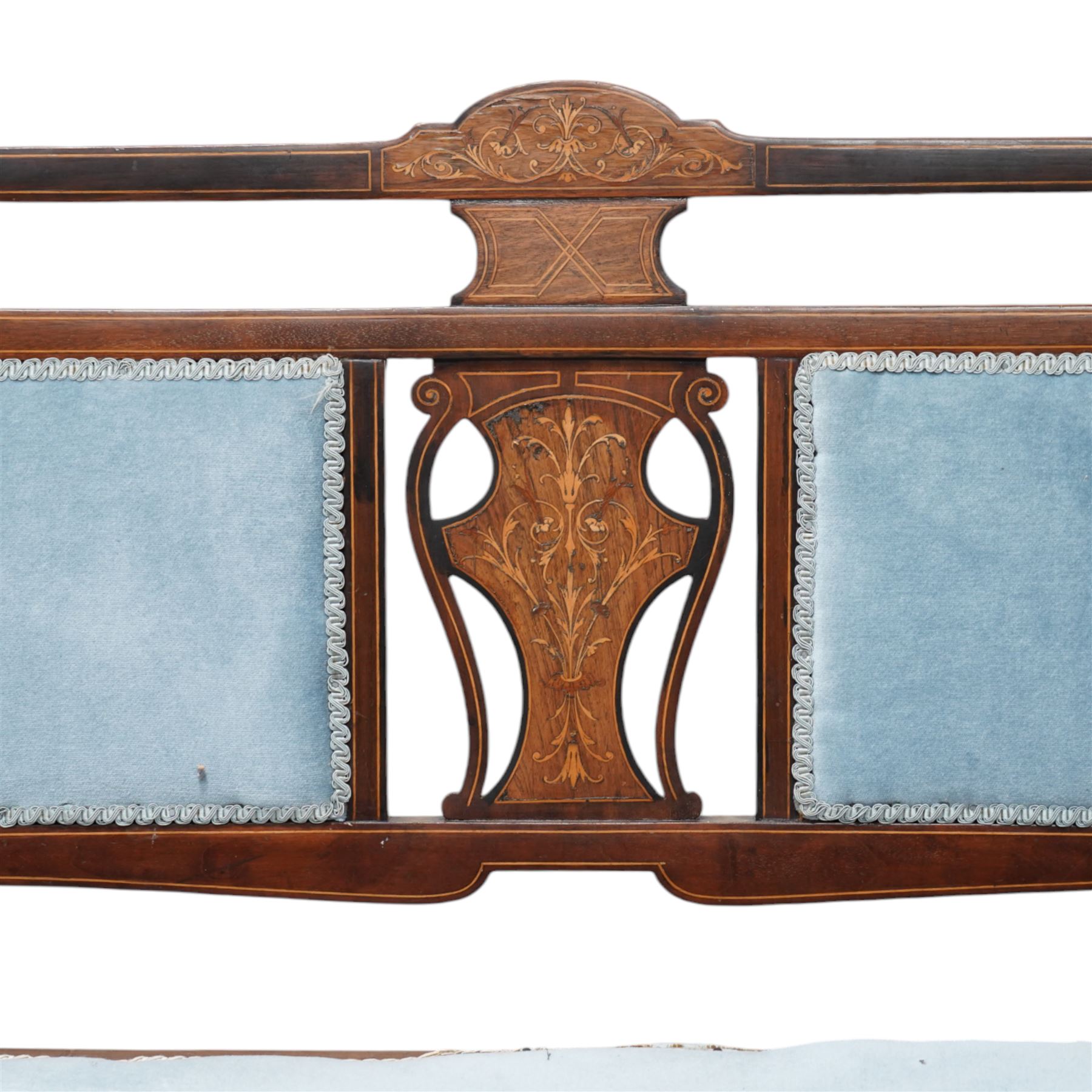 Edwardian inlaid mahogany and rosewood salon suite - two-seat sofa (W112cm, H90cm, D60cm); set of four side chairs (W44cm, H90cm); inlaid with scrolling foliate motifs, upholstered in light blue fabric, on turned supports inlaid with boxwood stringing