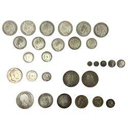 Approximately 140 grams of Great British pre 1920 silver coins including George II 1757 sixpence, King George III 1817 half crown, 1819 crown, two Queen Victoria 1889 double florins, King Edward VII 1909 half crown, various maundy oddments etc and approximately 140 grams of pre 1947 silver coins