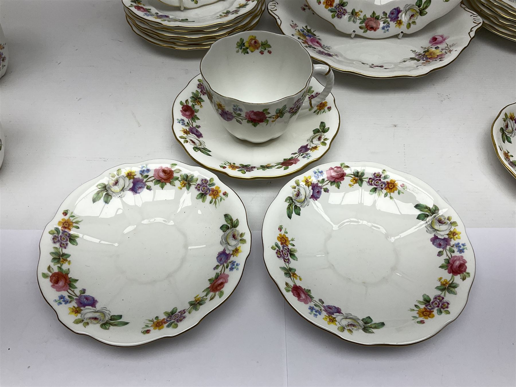 Royal Crown Derby Posies pattern tea service, including two milk jugs, two open sucrier, twelve teacups and saucers, twelve dessert plates etc 