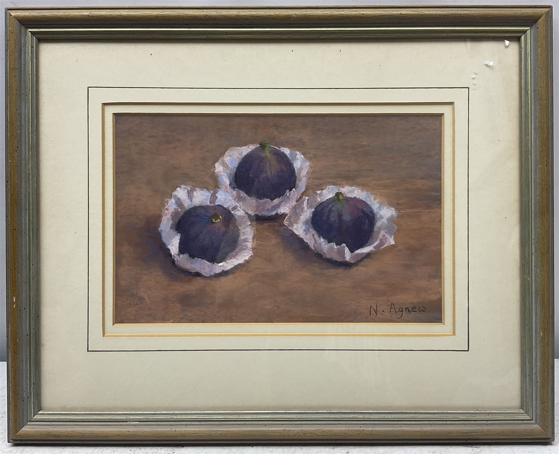 Nancy Agnew (British 20th century): Still Life of Cherries and Figs and Cottage Scene, set three pastels signed max 24cm x 19cm (3)