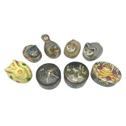 Eight lacquered boxes, including novelty painted boxes in the form of cats, rabbit and a bird, rabbit H7cm, L9cm