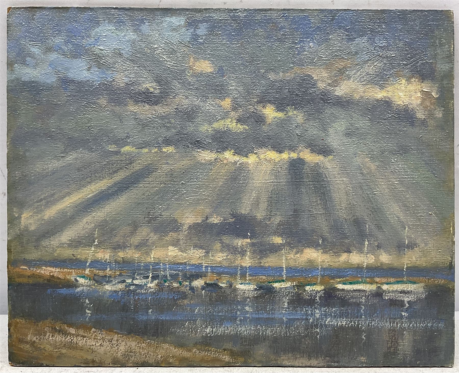 William Burns (British 1923-2010): 'Evening: Burnham Overy Staithe - Norfolk', oil on board unsigned, titled verso 21cm x 26cm (unframed) Provenance: Direct from the family of the artist. Notes: Born in Sheffield in 1923, William Burns RIBA FSAI FRSA studied at the Sheffield College of Art before the outbreak of the Second World War, during which he helped illustrate the official War Diaries for the North Africa Campaign, and was elected a member of the Armed Forces Art Society. On his return, he studied architecture at Sheffield University and later ran his own successful practice, being a member of the Royal Institute of British Architects. However, painting had always been his self-confessed 'first love', and in the 1970s he gave up architecture to become a full-time artist, having his first one-man exhibition in 1979.
