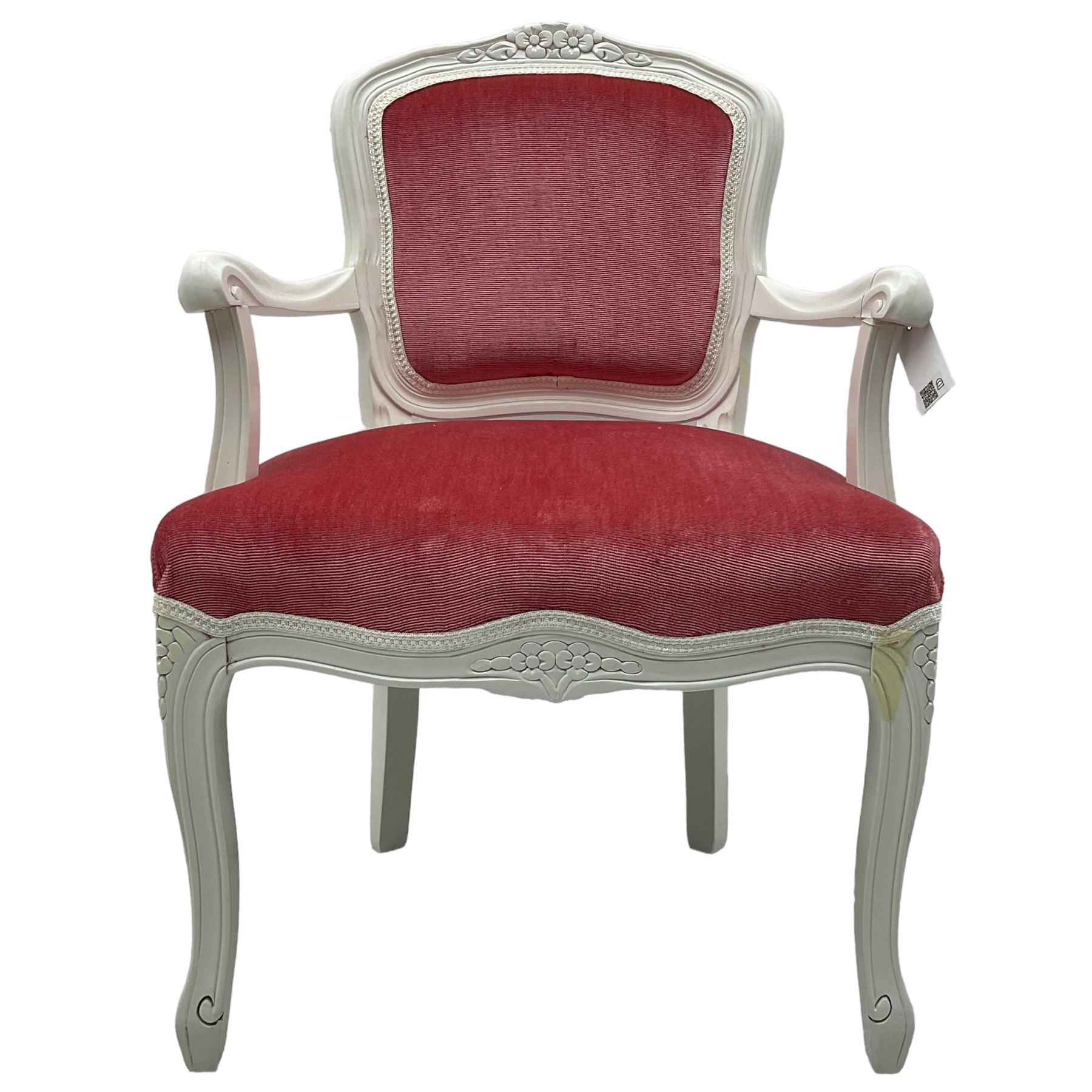 20th century French style armchair, painted white wood frame with carved floral decoration, pink upholstered back and seat, on cabriole supports