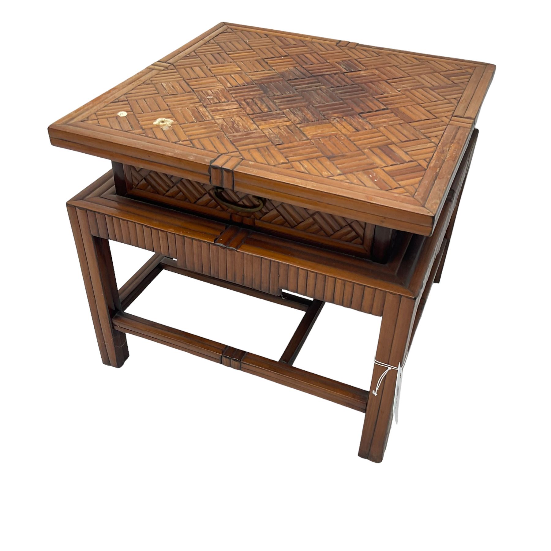 Chinese design bamboo and wood coffee table, parquetry lattice-work bamboo, on square supports joined by a series of geometric stretchers