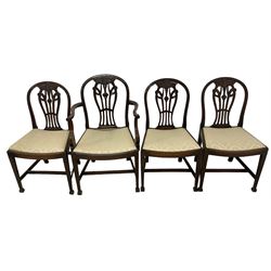 Pair of Georgian design mahogany D-end tables, reeded edge over banded frieze, on square tapering supports; with set of four (3+1) Hepplewhite design mahogany dining chairs, elaborately pierced and carved splat with festoons over dished seat, on fluted supports (W63cm H98cm)