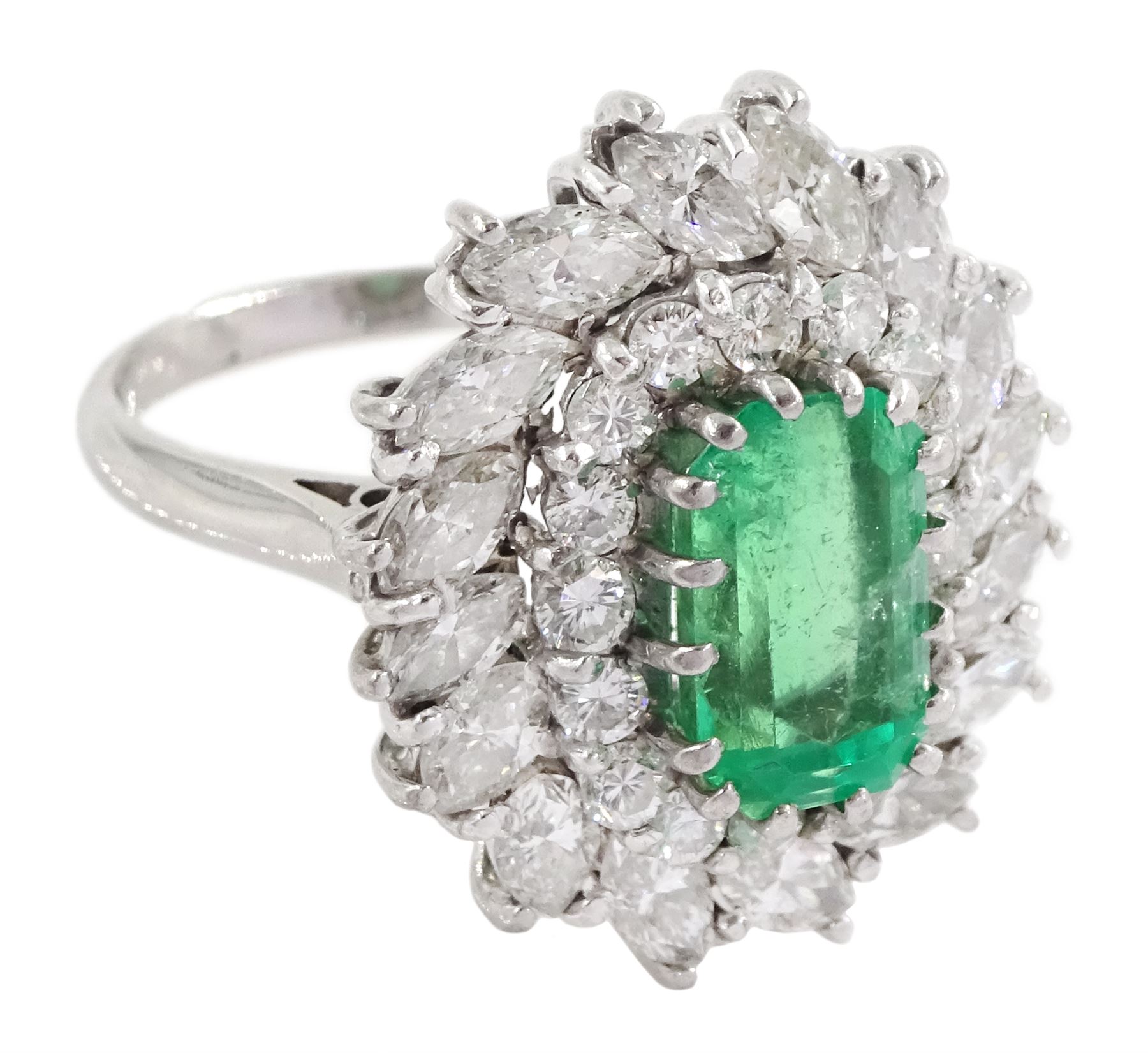 18ct white gold octagonal cut emerald, round brilliant and marquise cut diamond cluster ring, emerald approx 1.95 carat, total diamond weight approx 2.65 carat