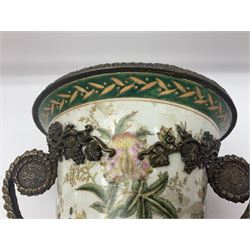 Wong Lee, twin handled ceramic urn with enamelled floral decoration and bronzed metal mounts, marked to base, height 33cm