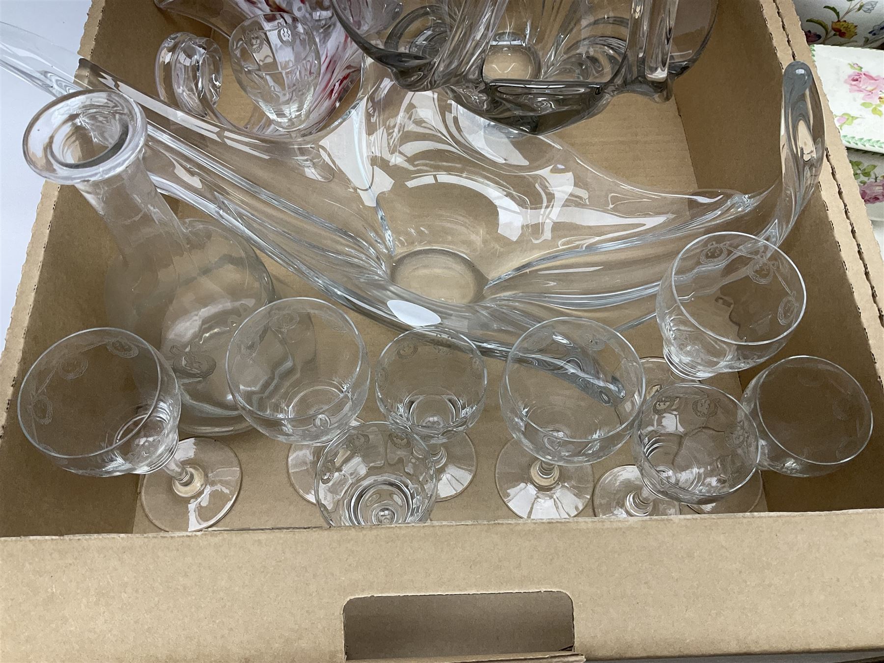 Four pieces of art glass, including twin handled basket bowl, etched glasses and matching decanter and a collection of other ceramics and glassware, in three boxes