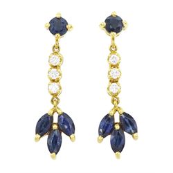 Pair of 18ct gold sapphire and round brilliant cut diamond pendant stud earrings, London i...