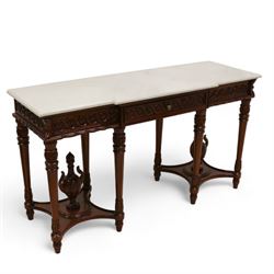 Regency design carved mahogany breakfront console table, white veined marble top