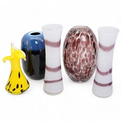 Pair of Caithness style white and purple elongated vases, yellow vase with petal shaped ri...