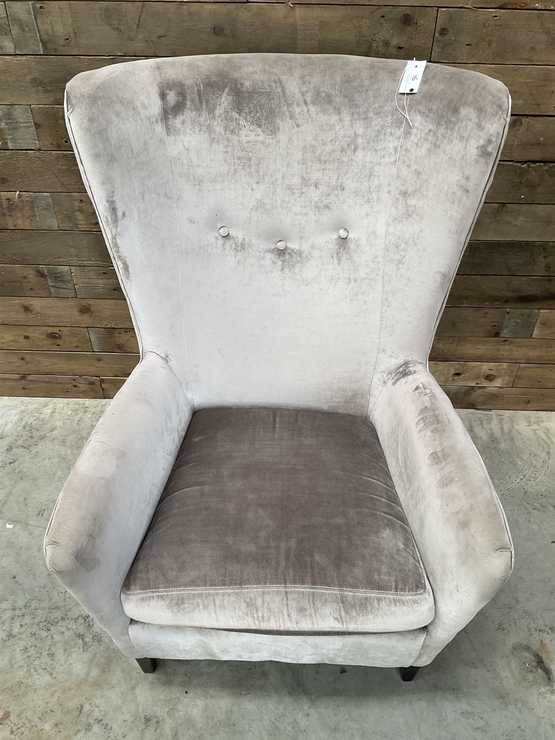 2 x Wing back armchair upholstered in silver crushed velvet fabric