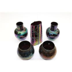 Five Austrian Art Nouveau purple glass vases, to include a Pallme-Konig example, of tapering form with matte vein decoration, and two similar pairs, tallest H16cm