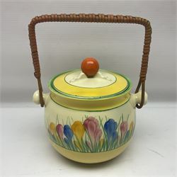 Clarice Cliff for Royal Staffordshire/Newport pottery, biscuit barrel with cover in Sungleam Crocus pattern, H16cm 