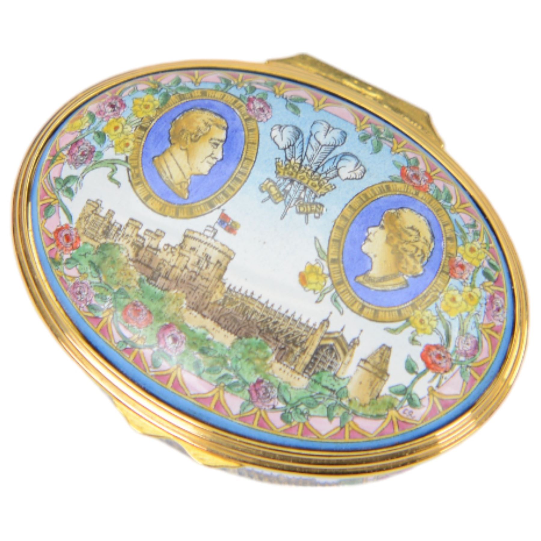 Two Halcyon Days enamel boxes, both for the Royal Wedding of HRH The Price of Wales and Mrs Camilla Parker Bowles, together with Martin & Co silver enamel box, hallmarked and a Royal Worcester box, all in original boxes 