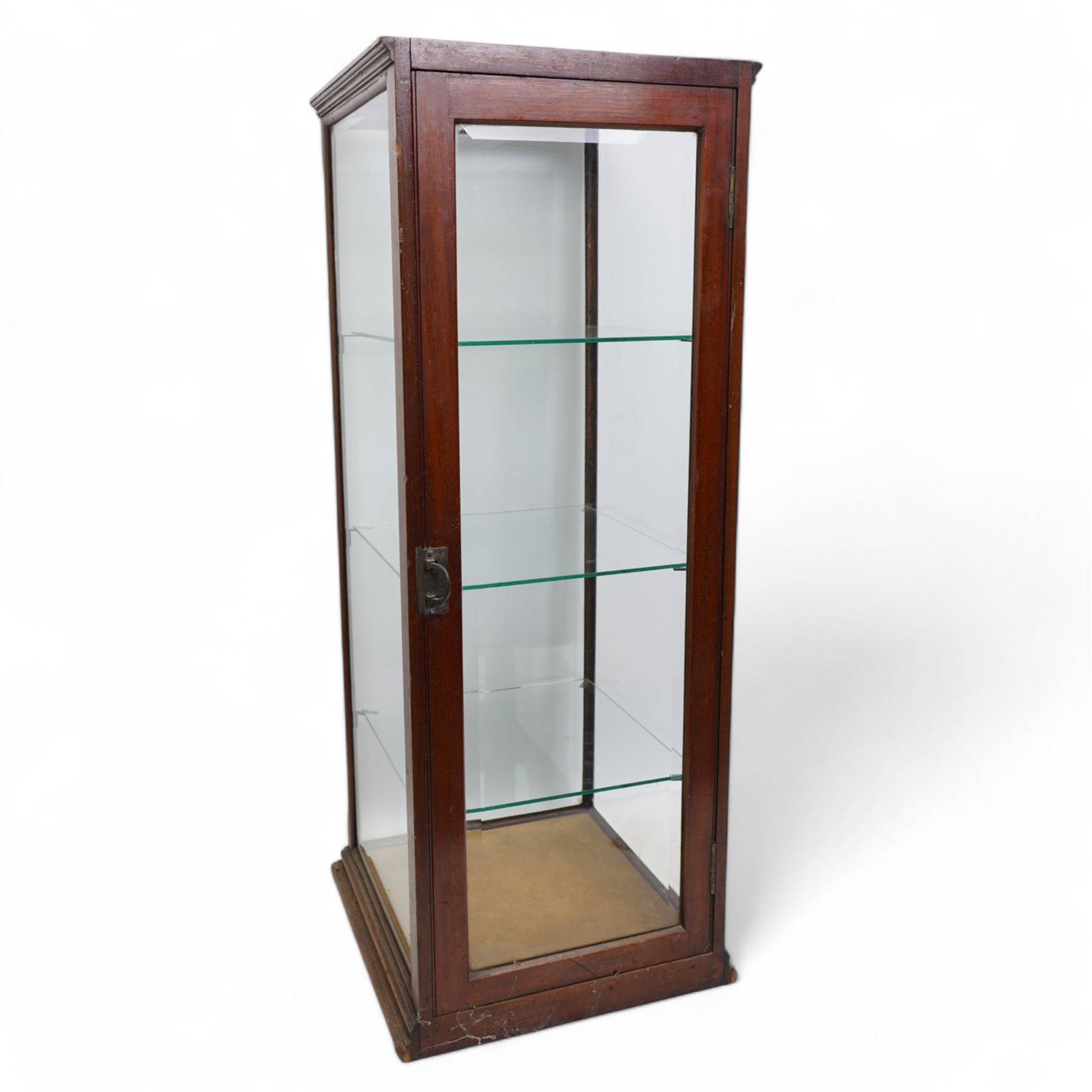 Mid-19th century mahogany five glass counter top display cabinet, moulded cornice over bevelled glass panes, fitted with three glass shelves, moulded plinth base