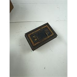 Group of wooden boxes and tins, including oak two compartment cigarette box, money tins, inlaid tea caddy, etc