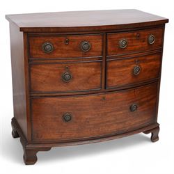 George III mahogany bow-fronted wine chest, banded top over two short and single long draw...