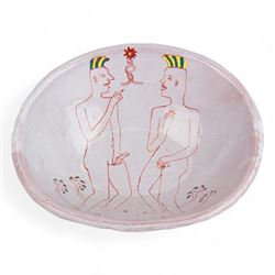 Hylton Nel (1941-) Studio pottery pedestal dish of oval from, 1995, the white ground decor...