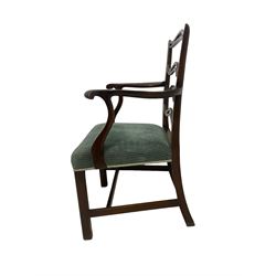 Set of twelve (10+2) Chippendale revival stained beech dining chairs, pierced waived ladder backs with over-stuffed over seats, on square moulded supports joined by stretchers