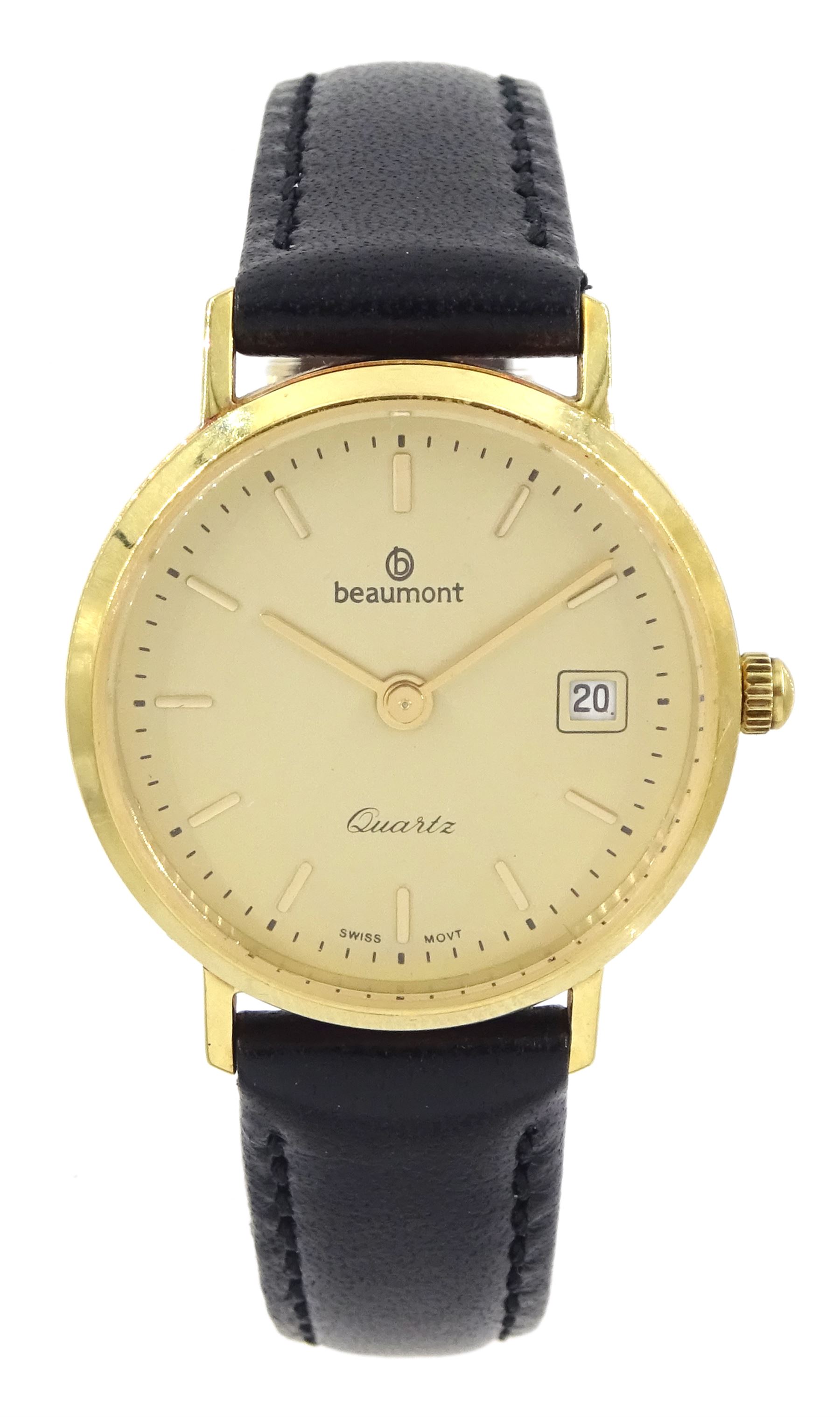 Beaumont ladies 18ct gold quartz presentation wristwatch, champagne dial with baton hour markers and date aperture, London 2004, on black leather strap, hallmarked, boxed