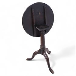 George III mahogany tripod table, circular tilt-top on ring turned gun barrel pedestal, on three out-splayed supports 