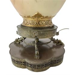 Early 20th century Royal Worcester pot pourri vase and cover, converted to a table lamp, the body painted with sprays of flowers, above a pierced spire cover and relief moulded borders, mounted upon a circular brass plinth, supported by four dolphin feet and a lobed pierced and beaded platform base, vase shape no. 2048, H39cm, overall including shade 83cm 