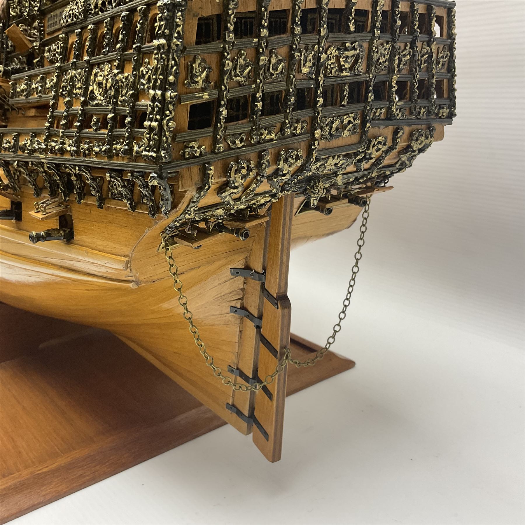 Large kit built scale model of 17th century Royal Navy warship 'HMS Sovereign of the Seas', upon wooden stand with engraved name plaque, H91cm, W111cm