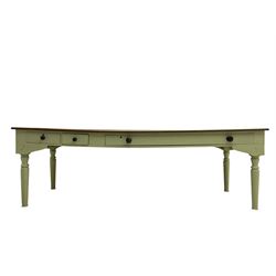 Large 20th century farmhouse style dining table, rectangular oak top on pale green painted base fitted with drawers, on turned supports