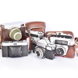 Collection of 35mm rangefinder cameras and similar, to include King Regula L, Balda Baldessa serial no. 370514, Synchro Compur MX V, Kodak Retina Ib serial no. 179811, Kodak 66 Model II and a Zeiss Ikon Contaflex, all with brown cases, with two leather camera bags and accessories