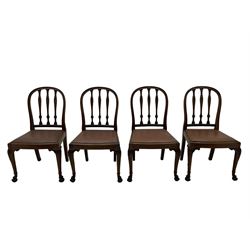 Set of six early 20th century Hepplewhite design mahogany dining chairs, moulded arched frame back, three shaped vertical rails carved with stylised foliate decoration, drop-in seats upholstered in brown fabric within moulded seat rails, on acanthus leaf carved cabriole supports with paw carved terminals 