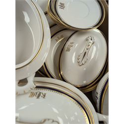 Spode Knightsbridge pattern part dinner service, comprising sauce boat, two tureens, serving platter, dinner plates, side plates and dessert plates, specially commissioned with gilt initials to each piece, with printed mark beneath