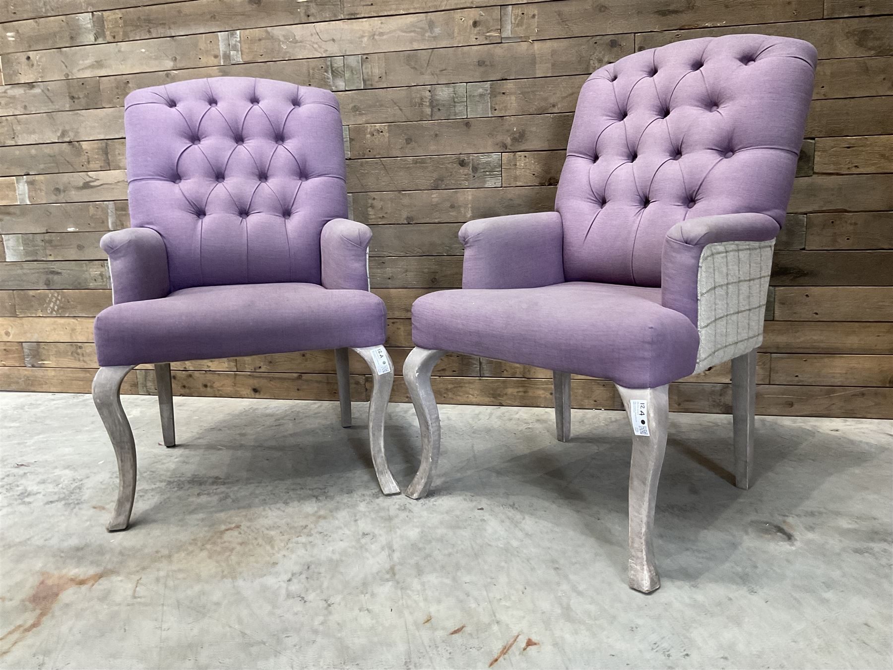 Voyage - two high back armchairs upholstered in buttoned lilac and tweed fabric, painted cabriole legs