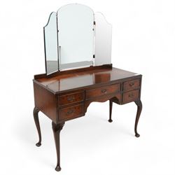 Mid-20th century figured walnut double wardrobe (W126cm, H189cm, D56cm); matching dressing table (W110cm, H153cm); with chair and stool