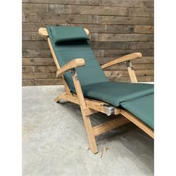 Pair of solid teak adjustable garden steamer armchairs, stainless brackets, with cushions