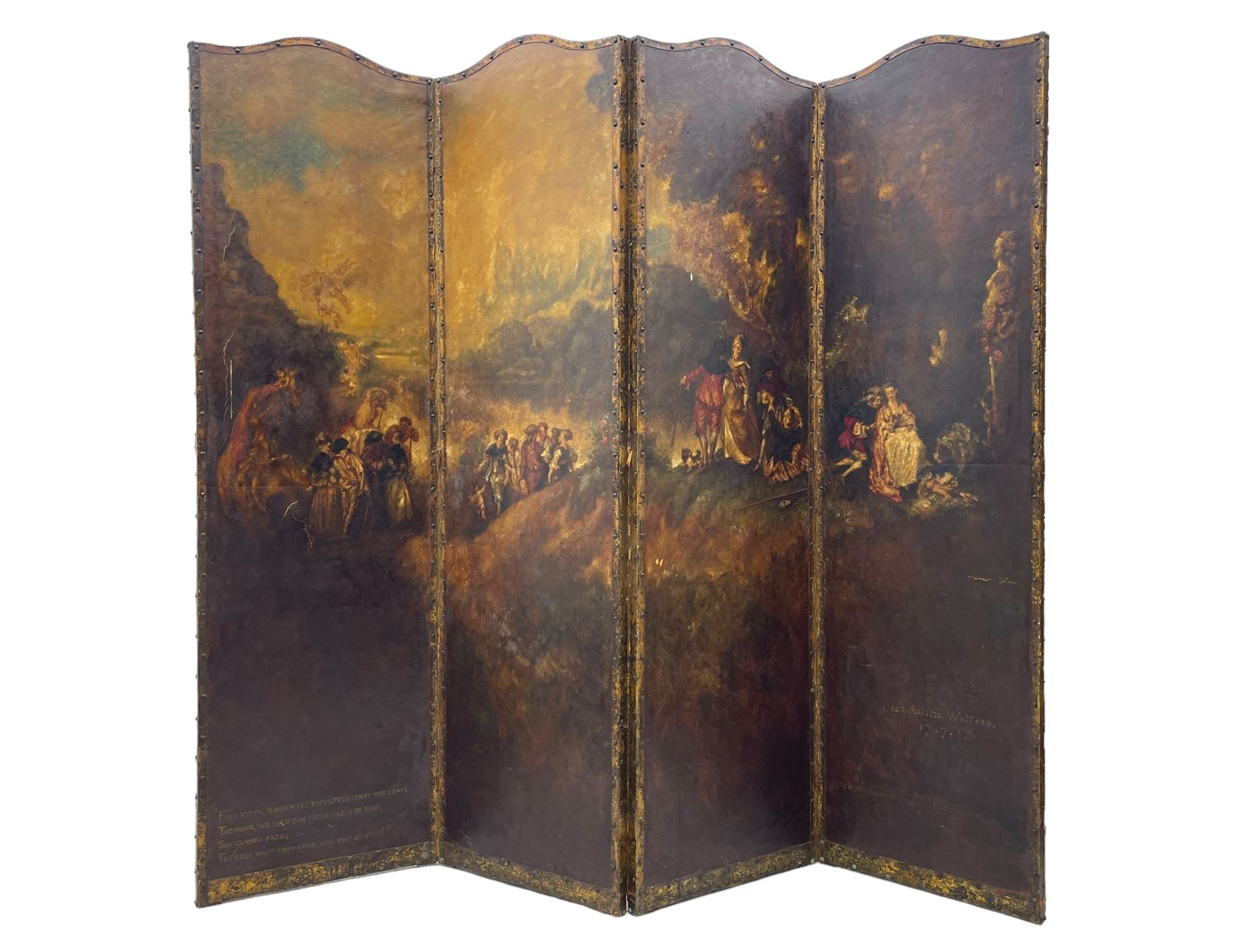 19th century four panel folding room screen, each leather panel painted with scenes from 'The Embarkation for Cythera' after Jean-Antoine Watteau (French 1684-1721), depicting a fête galante celebration with amorous couples and Cupids, with them a gilt statue of Venus, set within a classical capriccio landscape on the Greek island of Cythera, inscribed and titled verso with a verse from 'Ode on a Grecian Urn' by John Keats