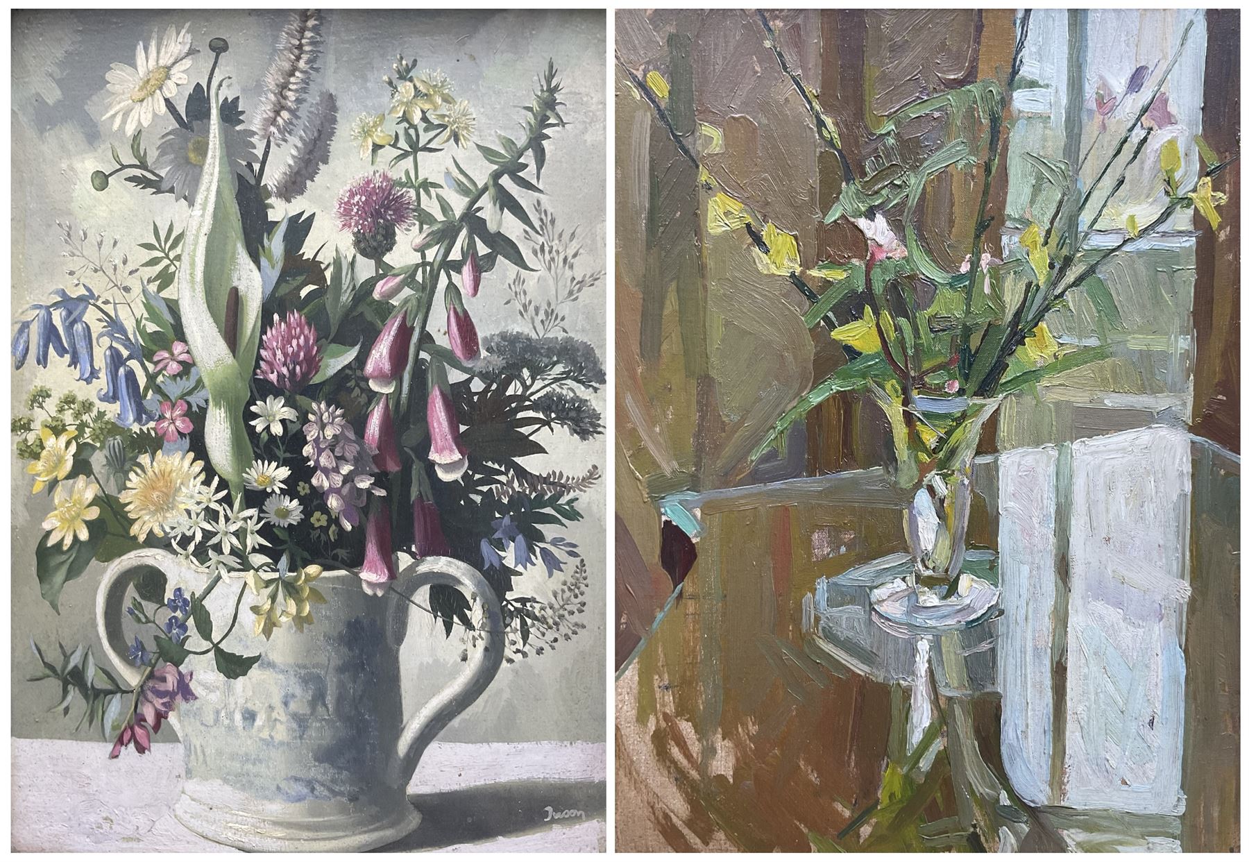 English School (Mid 20th century): Flowers in a Loving Cup, oil on canvas laid on to board indistinctly signed 33cm x 24cm, together with another still life oil on canvas laid on to board by a different hand unsigned 30cm x 40cm (2)