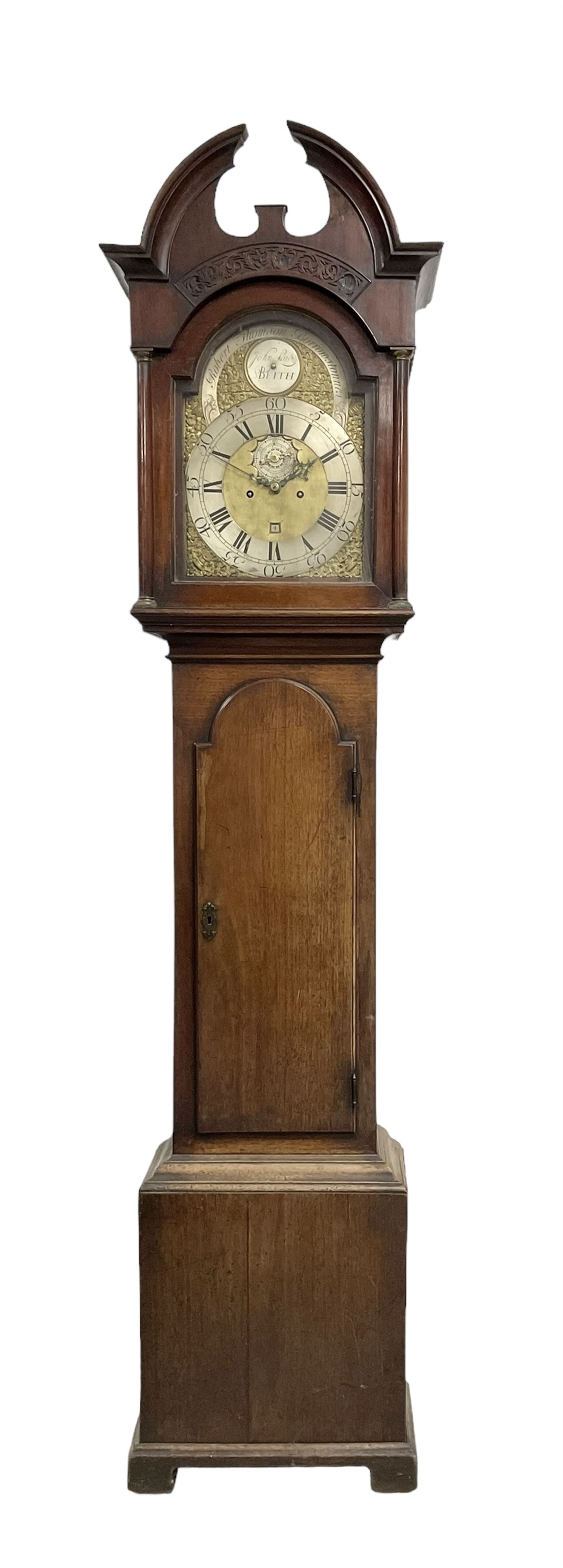 Late 18th century - 8-day Scottish mahogany longcase clock, with a broken arch pediment and blind fretwork beneath,  break arch hood door with attached pilasters and brass capitals,  trunk with a long door and break-arch top, rectangular plinth raised on plain bracket feet, brass dial with a matted dial centre, cast spandrels, pierced steel hands, recessed silvered seconds dial and square date aperture,  the names of John Law of Beith & Robert Thomson of Borrowstonnes (Bo'ness)  engraved separately on a silvered boss and cartouche ring in the dial arch, dial pinned directly to a rack striking two train weight driven movement, striking the hours on a bell. With weights and pendulum.


