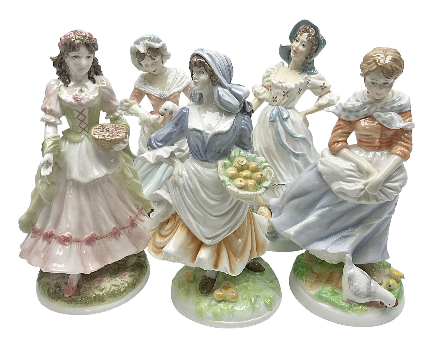 Five Royal Worcester figures, comprising The Queen of May, Rosie Picking Apples, A Farmers Wife, The Milkmaid and The Shepherdess, all with printed marks beneath and some with certificates of authentication   